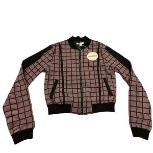 Wild Honey Plaid Bomber Jacket Zip Front Black Trim Red Houndstooth Women S